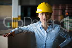 Female factory worker standing with hand on hip in factory