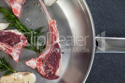 Rib chop and herbs in frying pan