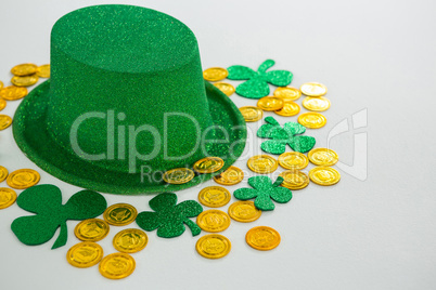 St. Patricks Day leprechaun hat, shamrocks and chocolate gold coins