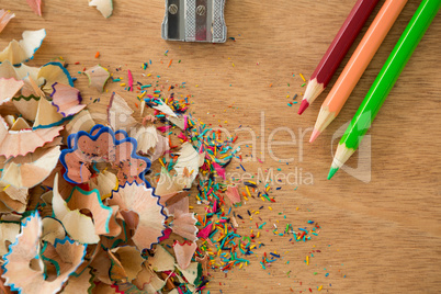 Colored shavings with colored pencils and sharpener