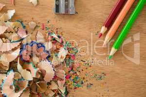 Colored shavings with colored pencils and sharpener