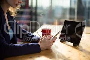 Female business executive using mobile phone at desk
