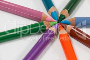 Close-up of colored pencils arranged in a circle