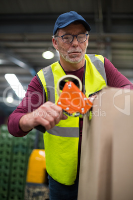 Factory worker sealing cardboard boxes