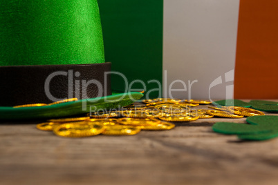 St Patricks Day leprechaun hat with shamrock and gold chocolate coin