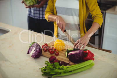 Couple chopping vegetables in the kitchen at home