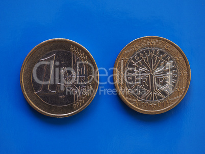 1 euro coin, European Union, France over blue