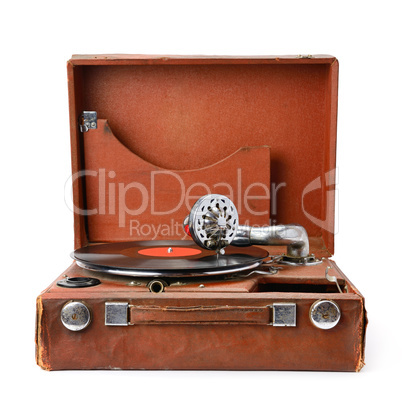 old gramophone and vinyl record isolated on white background