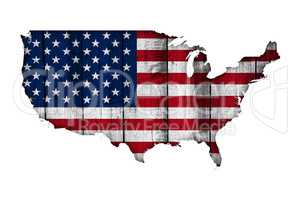 Karte und Fahne der USA auf verwittertem Holz