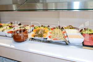 The salads and pasta in restaurant, Mallorca island, Spain