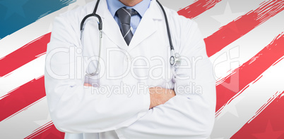 Composite image of smiling male doctor with arms crossed in hospital