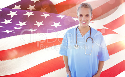 Composite image of happy doctor looking at camera with hands in pockets