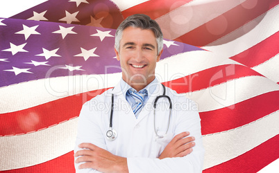 Composite image of happy doctor smiling at camera