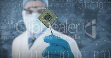 Composite image of doctor holding electronic chip with forceps