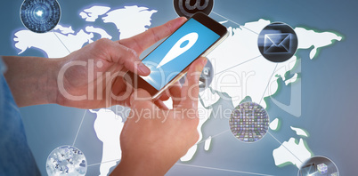 Composite image of close-up of man holding smart phone 3D