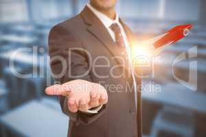 Composite image of businessman presenting 3D