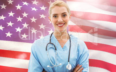 Composite image of portrait of a smiling confident female doctor