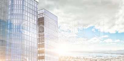 Composite image of low angle view of glass building