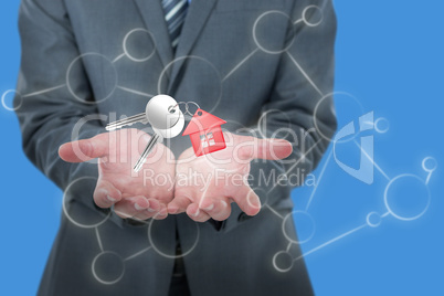 Composite image of midsection of businessman holding invisible object 3D