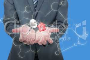 Composite image of midsection of businessman holding invisible object 3D