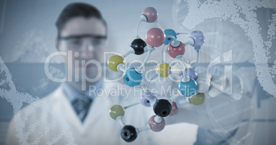 Composite image of male scientist experimenting molecule structure 3D