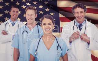 Composite image of portrait of smiling doctor standing with colleagues