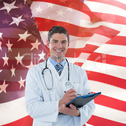 Composite image of portrait smiling doctor writing on clipboard