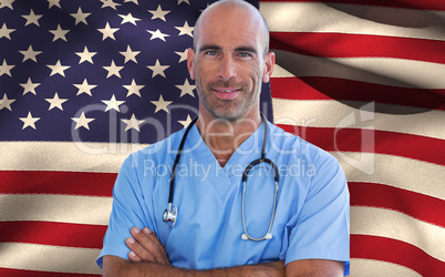 Composite image of confident male doctor looking at camera with arms crossed