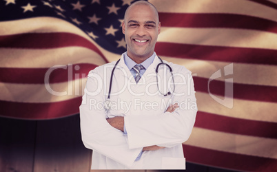Composite image of portrait of smiling male doctor