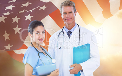 Composite image of portrait of confident doctor and nurse