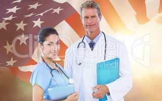 Composite image of portrait of confident doctor and nurse