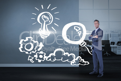 Composite image of businessman standing arms crossed over white background