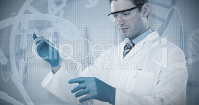 Composite image of doctor in medical gloves filling the test tube