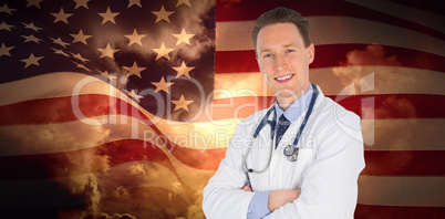 Composite image of doctor standing arms crossed on white background