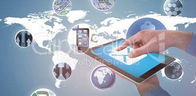 Composite image of croped hands of businessman using digital tablet 3D