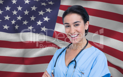 Composite image of portrait of smiling female doctor