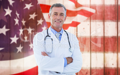 Composite image of portrait of confident male doctor