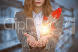 Composite image of businesswoman gesturing against white background 3D
