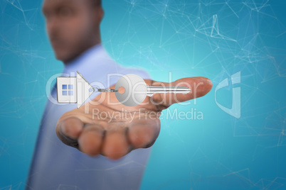 Composite image of businessman showing his hand 3D