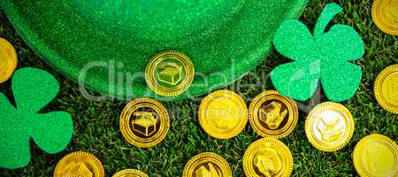 St Patricks Day leprechaun hat shamrocks and chocolate gold coins