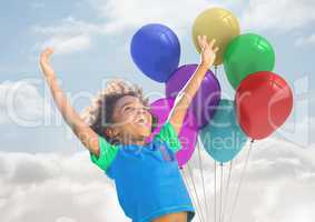 Kid with Balloons has Happy Fun against a cloudy background