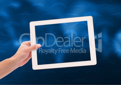 Composite image of Hand holding Tablet against navy background