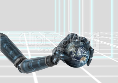 Composite image of robot hand holding little earth against digital background