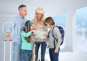 Composite image of parents and children looking at map against white place