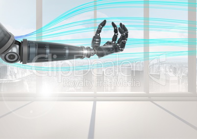 Composite image of Robot hand against large Windows with a City view