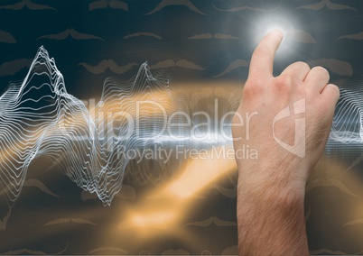 Composite Image of a Hand touching virtual screen against dark background