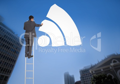 Businessman on a Ladder with white icon against a city landscape background