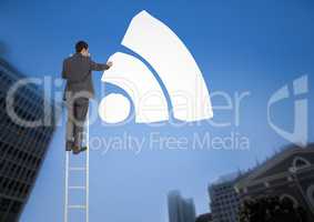 Businessman on a Ladder with white icon against a city landscape background