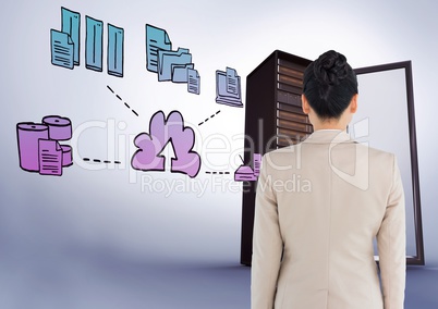 Businesswoman Standing looking at Graphic against a purple background