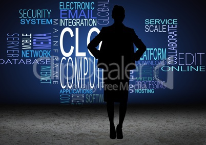 Businesswoman Standing looking at Graphic against a blue background